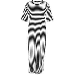 NOISY MAY Women's Maxi Dress Long Shirt Dress Extra Long Loose Fit Round Neck Basic Dress, Colour:white/black, Size:L