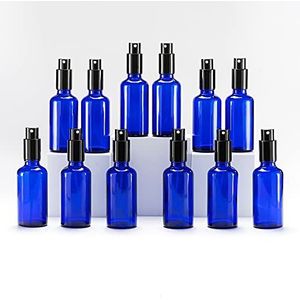 Yizhao 50 ml blaue Glas-Sprühflasche, leere feine Sprühflaschen mit Metallkappe für Reinigung, Aromatherapie, Diffusor für ätherische Öle, Massage, Haare, Haustiere, 12 Stück