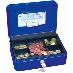 Wedo 145303H Geldcassette (van gepoedercoat staal, intrekbare handgreep, geldnoten- en papierklem, 5-voudige muntinzet, veiligheidscilinderslot, 25 x 18 x 9 cm) blauw