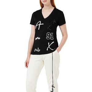 Armani Exchange Dames katoenen jersey V-hals All Over Logo Tee T-shirt, zwart, S