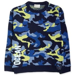 Tuc Tuc Blauwe trui van tricotstof met blauw en groen oceaanpatroon en schild 'Ocean' voor kinderen, collectie Ocean Mistery., Donkerblauw, 10 Jaar