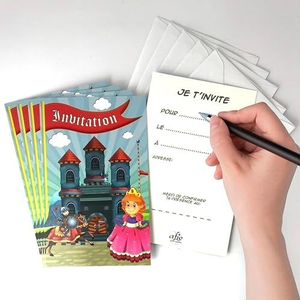 Set van 5 kaarten ""Uitnodiging"" Prinses Ridder met 5 witte enveloppen 9 x 14 cm - Tekst Ik nodig je uit om... de (datum) op (tijd) adres - Feest, Snack, Verjaardag, Vriendjes, Vriendjes Vriendjes -