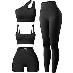OQQ Yoga-rompertjes voor dames, geribbeld eendelig buikcontrole, jumpsuit, één schouder, romper, Zwart1, L