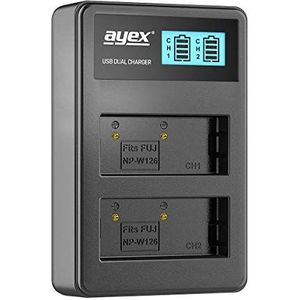 ayex Dual USB-lader geschikt voor Fujifilm -accu's type NP-W126 - opladen via USB-stekker, laptop, powerbank of pc - LCD-display met laadstandindicator