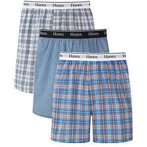 Hanes Originals Katoenen geweven boxerspakket, vochtafvoerend ondergoed voor heren, verpakking van 3 stuks, Blauwe plaids, M
