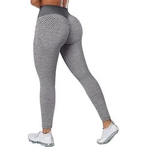 EULLA Sportlegging voor dames, hoge taille, push-up boom, booty leggings met buikcontrole, honingraatdesign, lange sportbroek, fitnessbroek, yogalegging voor dames en meisjes, grijs, S