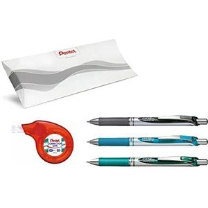 PENTEL - Schoolmateriaal, 3 navulbare pennen voor zacht schrijven, verschillende kleuren (zwart, blauw, groen) + correctietape voor zijgebruik, verpakking voor school