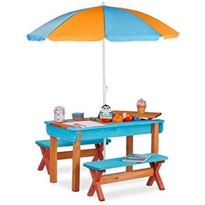 Relaxdays picknicktafel kind met parasol - speeltafel - zandtafel met 2 banken speeltafel