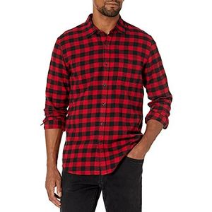 Amazon Essentials Men's Geruit flanellen overhemd met lange mouwen en slanke pasvorm (kleuren in beperkte oplage), Zwart Rood Geruit, L