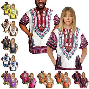 Adalex Global Traditioneel Afrikaans unisex dashiki shirt kleur tribal festival hippie, ideaal voor mannen en vrouwen, Afrikaanse korte mouwen zomerkleding + Nosemask-cadeau, Wit Oranje Paars, S