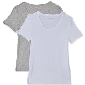 Amazon Essentials Women's T-shirt met korte mouwen en V-hals in slanke pasvorm, Pack of 2, Lichtgrijs/Wit, L