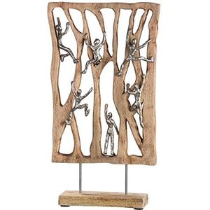 GILDE - Decoratieve sculptuur XL Climbing Wall - groot decoratief object van hout met figuren van aluminium - hoogte 54 cm kleur: natuurlijk zilver