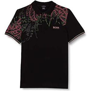 BOSS Paule 11 Poloshirt voor heren, slim-fit, van katoen met botanische print, zwart 1, XL
