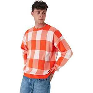 Trendyol Heren ronde hals geruite oversized trui sweatshirt, oranje, S, ORANJE, S