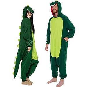 Funziez! Dinosaurus Onesie voor volwassenen - T-Rex Halloween-kostuum - pluche dino, eendelig cosplay-pak voor volwassenen, vrouwen en mannen, Groen, XL