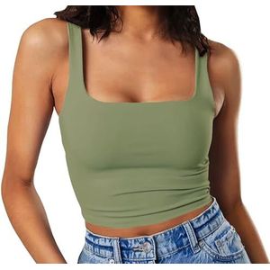 Artfish Women's Sleeveless Strappy Seamless Crop Tank Tops Square Neck Workout Fitness Basic Cropped Camis Olive Green, S