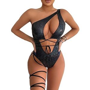 Newfancy Rave Wear Eendelige body voor dames, slangenleren print, sexy beenringen, badpak voor festival, dans, rave-kleding, Singleshoulder Zwart, M