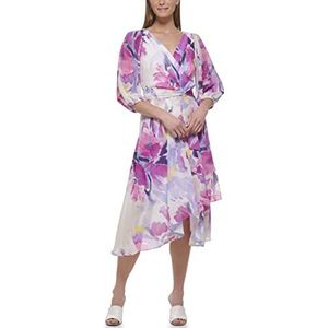 DKNY Dames bloemenprint faux-wrap V-hals Tie-Waist 3/4 ballon mouw chiffon midi-jurk, crème/framboos, 44, crème/framboos, 44