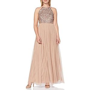 Maya Deluxe Vrouwen Dames Bruidsmeisje Maxi Jurk Halter Hals Pailletten Verfraaid Prom Afstuderen Bruiloft, Taupe Blush, 34 EU