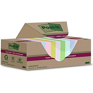 Post-it Super Sticky 100% gerecyclede notities, pak van 12 pads, 70 vellen per pad, 47,6 mm x 47,6 mm, roze, groen, blauw, paars, geel - extra plaknotities gemaakt van 100% gerecycled papier -