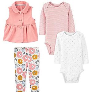 Simple Joys by Carter's baby-meisjes 4-delige bodysuit en vest set, Roze/Streep/Witte Stippen/Bloemen, 18 maanden