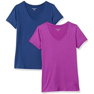 Amazon Essentials Dames Tech Stretch T-shirt met korte mouwen en V-hals (verkrijgbaar in grote maten), 2-Pack, Marineblauw/Paars, S