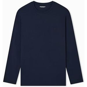 Heren zacht modaal T-shirt met lange mouwen en ronde hals blauw L getailleerd FIT, Blauw, L