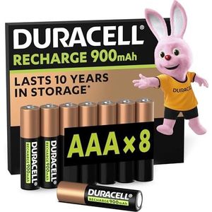 Duracell Oplaadbare AAA-batterijen (8 stuks), 900 mAh NiMH, vooraf opgeladen, onze oplaadbare batterij met de langste levensduur, met een plastic vrije en 100% recyclebare verpakking