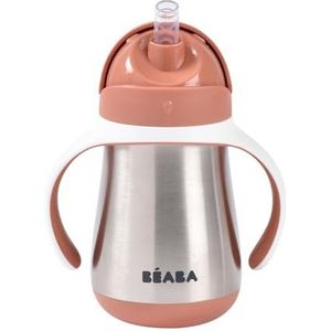 BEABA 2-in-1 drinkbeker van roestvrij staal met rietje voor kinderen, 100% lekvrij, gemakkelijk te openen, afneembare handgrepen, roestvrij staal, gezond, robuust, 250 ml, terracotta