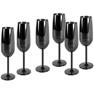 ECHTWERK Champagneglas, champagneglas, roestvrij staal, onbreekbare glazen, feestglazen voor bruiloft/verjaardag/picknick, cadeauset, 6-delig, 250 ml, Black Edition