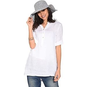 Bonateks Tuniek Top voor dames, 100% linnen, Made in Italy, blouse met Tunesische kraag en lange mouwen, om te bevestigen, wit, maat: L, Wit, L