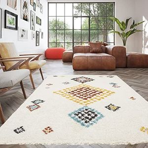 Berber woonkamertapijt, shaggy tapijt, etnische stijl, voor woonkamer - slaapkamer, zacht en comfortabel, onderhoudsvriendelijk, polypropyleen, 30 mm dik, 160 x 230 cm, crèmekleurig - meerkleurig