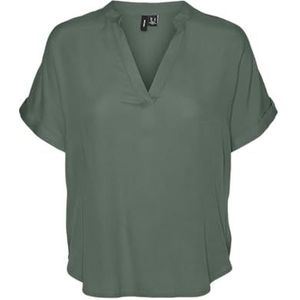 VERO MODA women top casual splitneck turned-up cuffs blouse short sleeve, Colour:Green-2, Size:XL