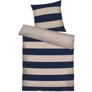 TOM TAILOR Renforcé beddengoed, 65 x 100 cm + 160 x 210 cm, 100% katoen renforcé, met omkeerbaar motief en gekleurde merkritssluiting, blauw (Dark Navy, Sunny Sand)