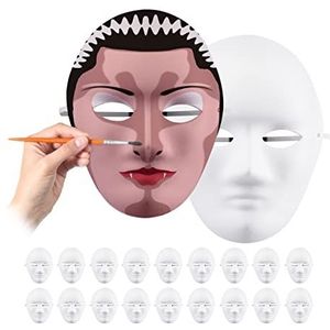 Relaxdays masker set van 20, zelf kleuren en knutselen, carnaval, papiermasker gezicht, HxBxD: 24 x 18.5 x 8 cm, wit