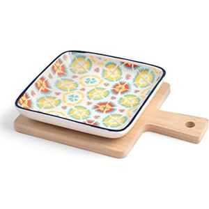 H&H Mix&Match schotel porselein, vierkant, 12,5 x 12,5 cm, met basis van bamboe, meerkleurig, 12,5 cm