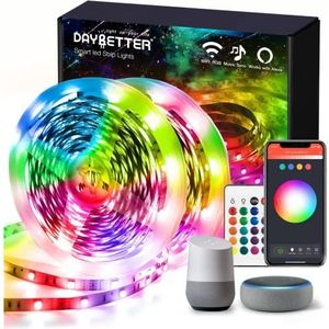 DAYBETTER Ledstrip, RGB, 30 m, smart wifi ledstrip, compatibel met Alexa en Google Assistant, muzieksynchronisatie, app-bediening, afstandsbediening, kleurverandering, ledstrip voor feest, slaapkamer