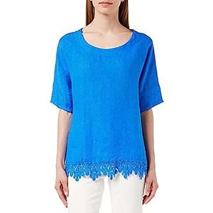 Bonateks, Ronde halsband met halve mouwen en ruches kant, 100% linnen, DE-maat: 36, US-maat: M, bovenstuk, Roy Blue - Made in Italy, Meerkleurig, 36