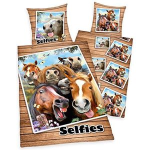 Herding Beddengoed Selfies Paarden, kussensloop 80x80cm, dekbedovertrek 135x200cm, met merk-RV, Renforce