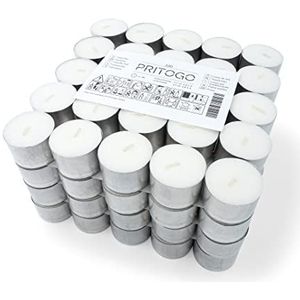 Pritogo Theelichtjes, wit in aluminium hoes Ø 3,8 x 2,5 cm, roetvrij, brandduur: 8 uur (100 stuks)