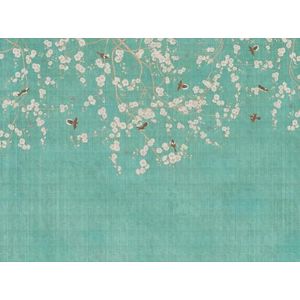 Livingwalls Fotobehang bloemen in blauw, crème, beige - hoogwaardig vliesbehang 399211 met motief op 3,71 m x 2,80 m - Made in Germany