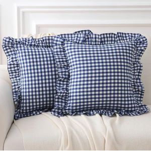 K MASANIJI Set van 2 kussenslopen met ruches, 100% katoen, decoratieve kussenslopen met gingham-ruiten voor bed/bank, rustieke stijl, 45,7 x 45,7 cm, marineblauw/wit geruit
