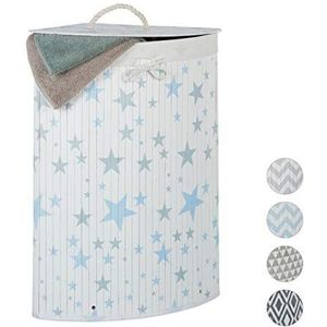 Relaxdays, Witblauw hoekwasmand van bamboe, opvouwbare wasmand, 60 l, met deksel, sterren, waszak, 65,5 x 49,5 x 37 cm, katoen, polyester