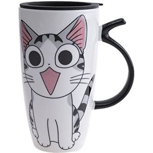 lachineuse - Kawaii Happy kattenmok 600 ml - Grote XXL witte porseleinen mok - Japanse thee- en koffiemok - met geïsoleerd deksel - Lucky Cat - Cadeau-idee Japan Azië mok - Reuzenmok