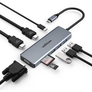 oditton USB C-hub, 9-in-1 USB C-adapter, multiport docking station, compatibel met USB C-laptops en andere type C-apparaten (3 x USB A 3.0, 2 x 4K HDMI, 100 W PD, SD/TF, VGA)