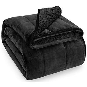 Wemore Verzwaringsdeken van sherpa-fleece voor volwassenen, dubbelzijdig, comfortabel, pluizig, zwaar, ultra pluche, met zachte flanellen bovenkant, 6,8 kg, 152,4 x 203,2 cm, zwart aan beide zijden