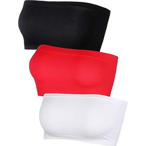 Hestya Bandloze bandeau-beha voor dames, naadloos, rekbaar, niet gevoerd, bandeau-beha, meerkleurig, 3 stuks, zwart, wit, rood, S-M