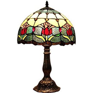 Bieye L30020 Tulpe Bloem Tiffany stijl glad tafellamp nachtlampje met 12 inch breedte handgemaakte lampenkap metalen basis voor slaapkamer woonkamer, 18 inch hoog, rood groen