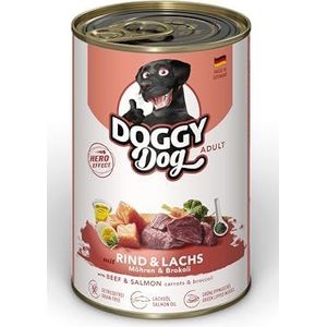 DOGGY Dog Paté Rundvlees en zalm, 6 x 400 g, nat voer voor honden, graanvrij hondenvoer met zalmolie en groenlipmossel, compleet voer met wortelen en broccoli, Made in Germany
