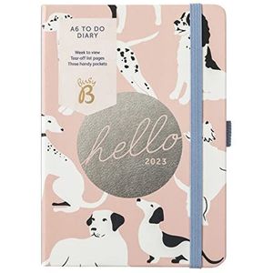 Busy B A6 To Do Diary januari tot december 2023 - Roze honden - Week om dagboek te bekijken met notities, scheurlijsten en zakken